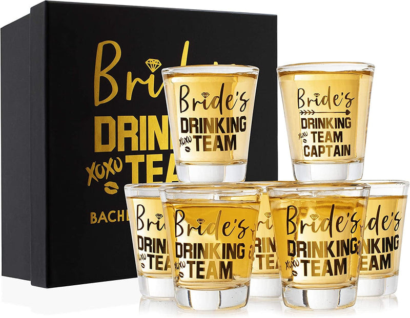 Bridesmaid Gifts - Set of 7, Bride'S Drinking Team Shot Glasses - 1.5 Oz, Pack of 6 Bride'S Drinking Team Member + 1 Bride'S Drinking Team Captain - Bachelorette Party Favors - Gold Foil Print Home & Garden > Kitchen & Dining > Barware USA Custom Gifts   