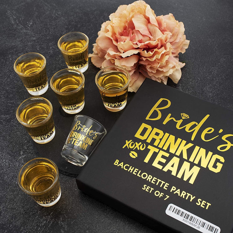 Bridesmaid Gifts - Set of 7, Bride'S Drinking Team Shot Glasses - 1.5 Oz, Pack of 6 Bride'S Drinking Team Member + 1 Bride'S Drinking Team Captain - Bachelorette Party Favors - Gold Foil Print Home & Garden > Kitchen & Dining > Barware USA Custom Gifts   