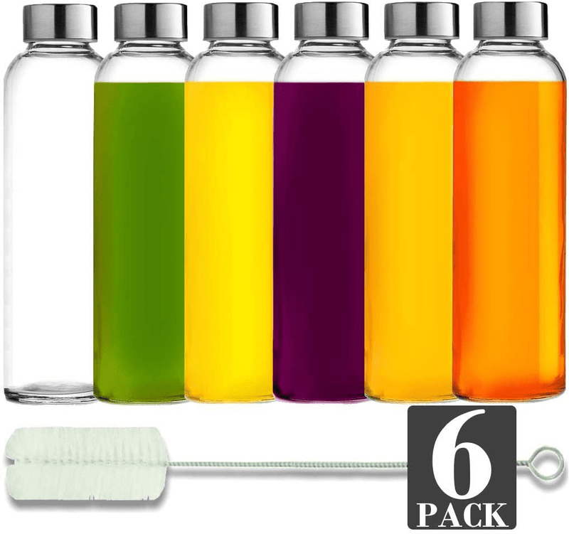 Brieftons Glass Water Bottles: 6 Pack, 18 Oz, Stainless Steel Leak Proof Lid, Premium Soda Lime, Best As Reusable Drinking Bottle, Sauce Jar, Juice Beverage Container, Kefir Kit - With Cleaning Brush Home & Garden > Decor > Decorative Jars Brieftons Default Title  