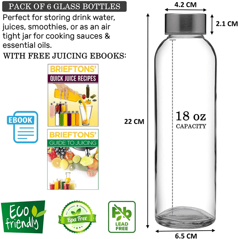 Brieftons Glass Water Bottles: 6 Pack, 18 Oz, Stainless Steel Leak Proof Lid, Premium Soda Lime, Best As Reusable Drinking Bottle, Sauce Jar, Juice Beverage Container, Kefir Kit - With Cleaning Brush