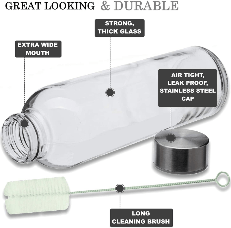 Brieftons Glass Water Bottles: 6 Pack, 18 Oz, Stainless Steel Leak Proof Lid, Premium Soda Lime, Best As Reusable Drinking Bottle, Sauce Jar, Juice Beverage Container, Kefir Kit - With Cleaning Brush Home & Garden > Decor > Decorative Jars Brieftons   