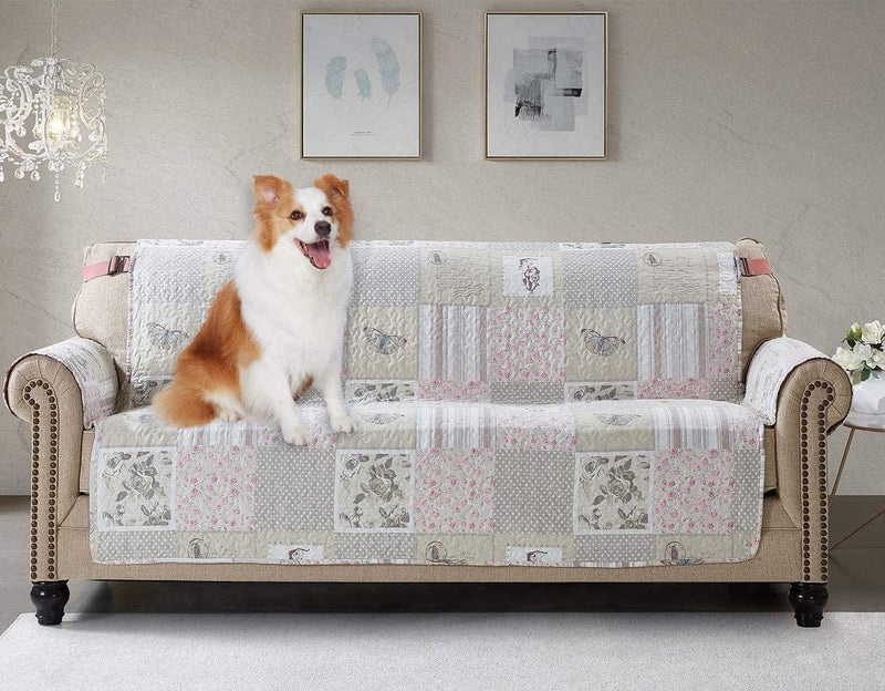 Brilliant Sunshine Grey Angel and Pink Rose Patchwork Reversible Large Sofa Protector for Seat Width up to 70", Furniture Slipcover, 2" Strap, Couch Slip Cover for Pets, Kids, Dogs, Sofa, Pink Grey Home & Garden > Decor > Chair & Sofa Cushions Brilliant Sunshine Pink Grey 70" Large Sofa Slipcover 