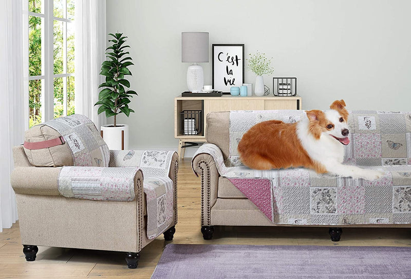 Brilliant Sunshine Grey Angel and Pink Rose Patchwork Reversible Large Sofa Protector for Seat Width up to 70", Furniture Slipcover, 2" Strap, Couch Slip Cover for Pets, Kids, Dogs, Sofa, Pink Grey Home & Garden > Decor > Chair & Sofa Cushions Brilliant Sunshine   