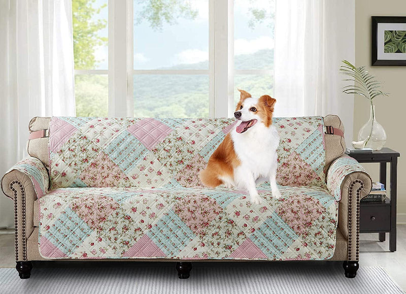 Brilliant Sunshine Grey Angel and Pink Rose Patchwork Reversible Large Sofa Protector for Seat Width up to 70", Furniture Slipcover, 2" Strap, Couch Slip Cover for Pets, Kids, Dogs, Sofa, Pink Grey Home & Garden > Decor > Chair & Sofa Cushions Brilliant Sunshine Pink Green 78" Oversized Sofa Slipcover 