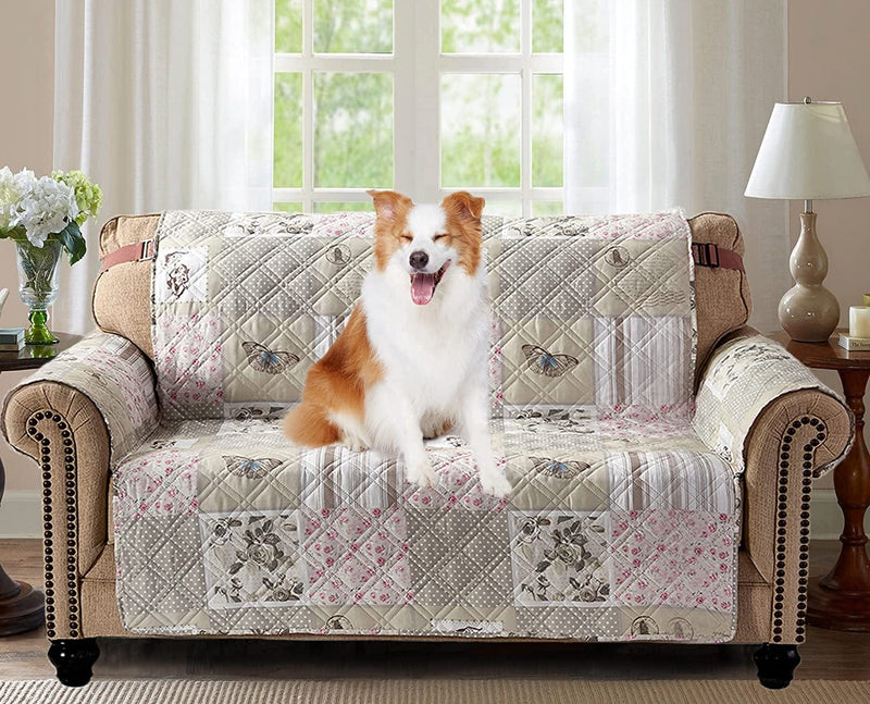 Brilliant Sunshine Grey Angel and Pink Rose Patchwork Reversible Large Sofa Protector for Seat Width up to 70", Furniture Slipcover, 2" Strap, Couch Slip Cover for Pets, Kids, Dogs, Sofa, Pink Grey Home & Garden > Decor > Chair & Sofa Cushions Brilliant Sunshine Pink Grey 54" Oversized Loveseat Slipcover 