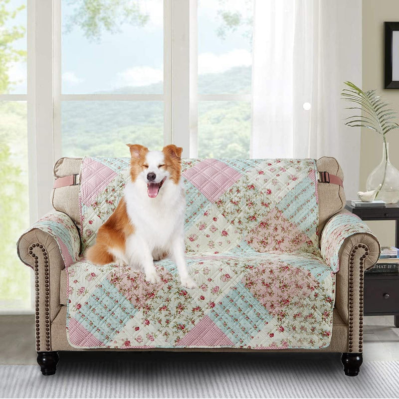 Brilliant Sunshine Pink and Green Rose Patchwork Large Sofa Protector for Seat Width up to 70", Slip Resistant Furniture Slipcover, 2" Strap, Couch Slip Cover for Pets, Kids, Dogs, Sofa, Pink Green