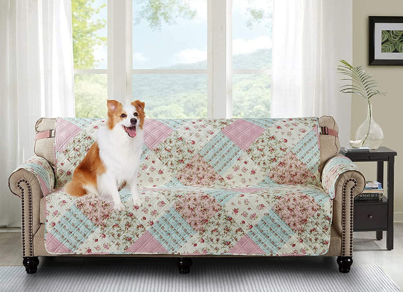 Brilliant Sunshine Pink and Green Rose Patchwork Large Sofa Protector for Seat Width up to 70", Slip Resistant Furniture Slipcover, 2" Strap, Couch Slip Cover for Pets, Kids, Dogs, Sofa, Pink Green Home & Garden > Decor > Chair & Sofa Cushions Brilliant Sunshine Pink Green 70" Large Sofa Slipcover 