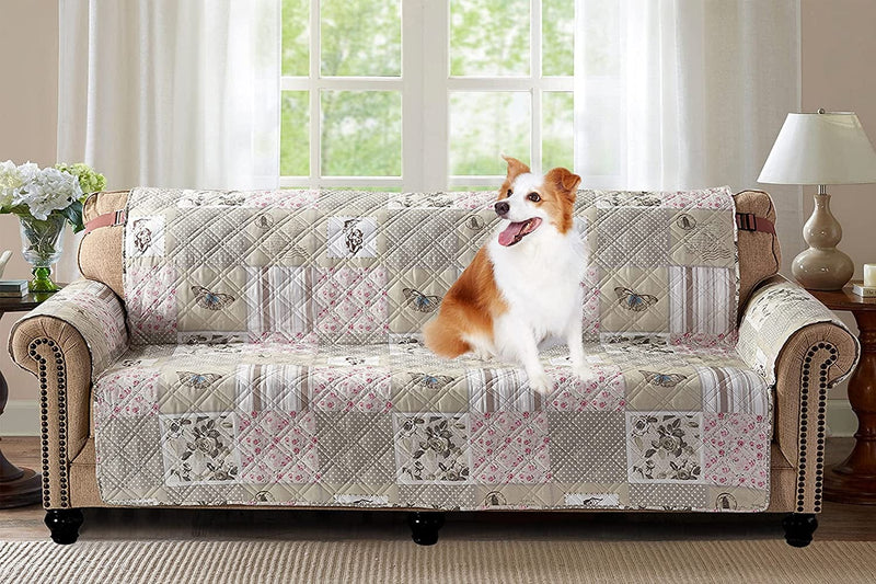 Brilliant Sunshine Pink and Green Rose Patchwork Large Sofa Protector for Seat Width up to 70", Slip Resistant Furniture Slipcover, 2" Strap, Couch Slip Cover for Pets, Kids, Dogs, Sofa, Pink Green Home & Garden > Decor > Chair & Sofa Cushions Brilliant Sunshine Pink Grey 78" Oversized Sofa Slipcover 