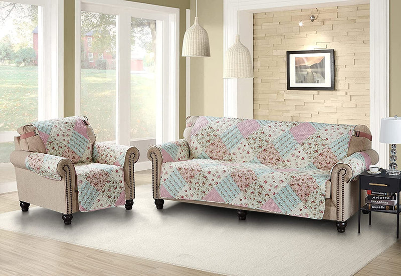Brilliant Sunshine Pink and Green Rose Patchwork Large Sofa Protector for Seat Width up to 70", Slip Resistant Furniture Slipcover, 2" Strap, Couch Slip Cover for Pets, Kids, Dogs, Sofa, Pink Green Home & Garden > Decor > Chair & Sofa Cushions Brilliant Sunshine   