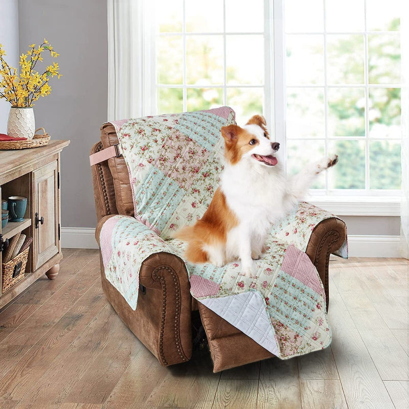 Brilliant Sunshine Pink and Green Rose Patchwork Large Sofa Protector for Seat Width up to 70", Slip Resistant Furniture Slipcover, 2" Strap, Couch Slip Cover for Pets, Kids, Dogs, Sofa, Pink Green