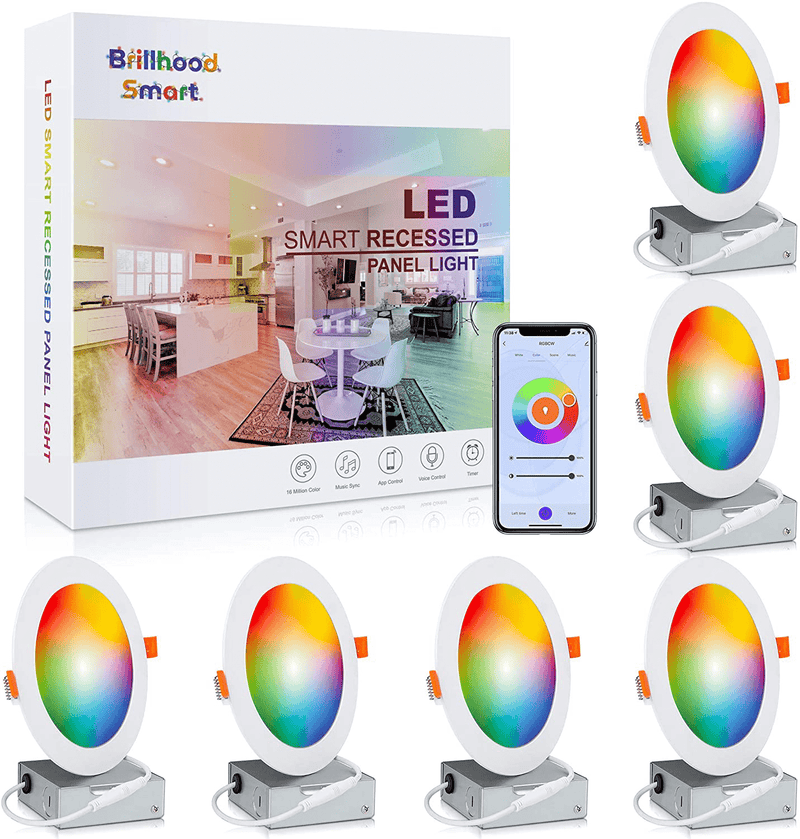 Brillihood 6 Inch Color Changing Slim LED Recessed Light, Smart WiFi Retrofit Downlights with Junction Box, ETL-Listed, 12W, 960LM, Dimmable, 2700K-6500K, Works with Alexa & Google Assistant, 6-Pack Home & Garden > Lighting > Flood & Spot Lights Brillihood Rgb (Red, Green, Blue)  