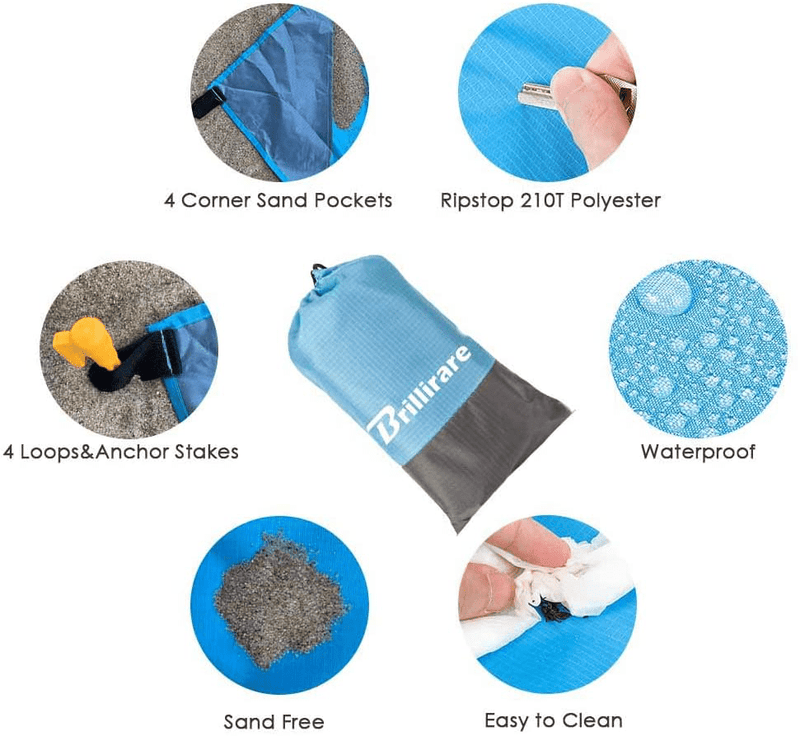 Brillirare Sandfree Beach Blanket, Oversized Waterproof Sandproof Picnic Blanket, Quick Drying Lightweight Family Mat with 4 Stakes&4 Corner Pockets for Outdoor Travel, Camping, Hiking, Music Festival Home & Garden > Lawn & Garden > Outdoor Living > Outdoor Blankets > Picnic Blankets Brillirare   
