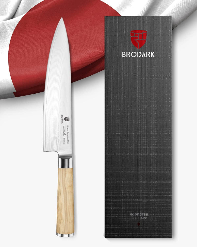 BRODARK Japanese Chef Knife, Damascus Chef Knife VG10 Steel Core 8 Inch with Olive Wood Handle, High Carbon Stainless Steel Kitchen Knife, Superb Edge Retention, Thanksgiving & Christmas Gifts Home & Garden > Kitchen & Dining > Kitchen Tools & Utensils > Kitchen Knives BRODARK   