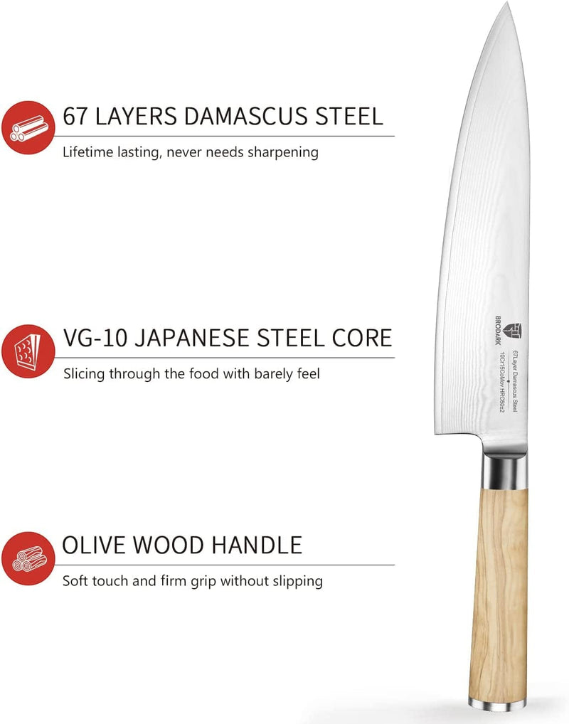 BRODARK Japanese Chef Knife, Damascus Chef Knife VG10 Steel Core 8 Inch with Olive Wood Handle, High Carbon Stainless Steel Kitchen Knife, Superb Edge Retention, Thanksgiving & Christmas Gifts
