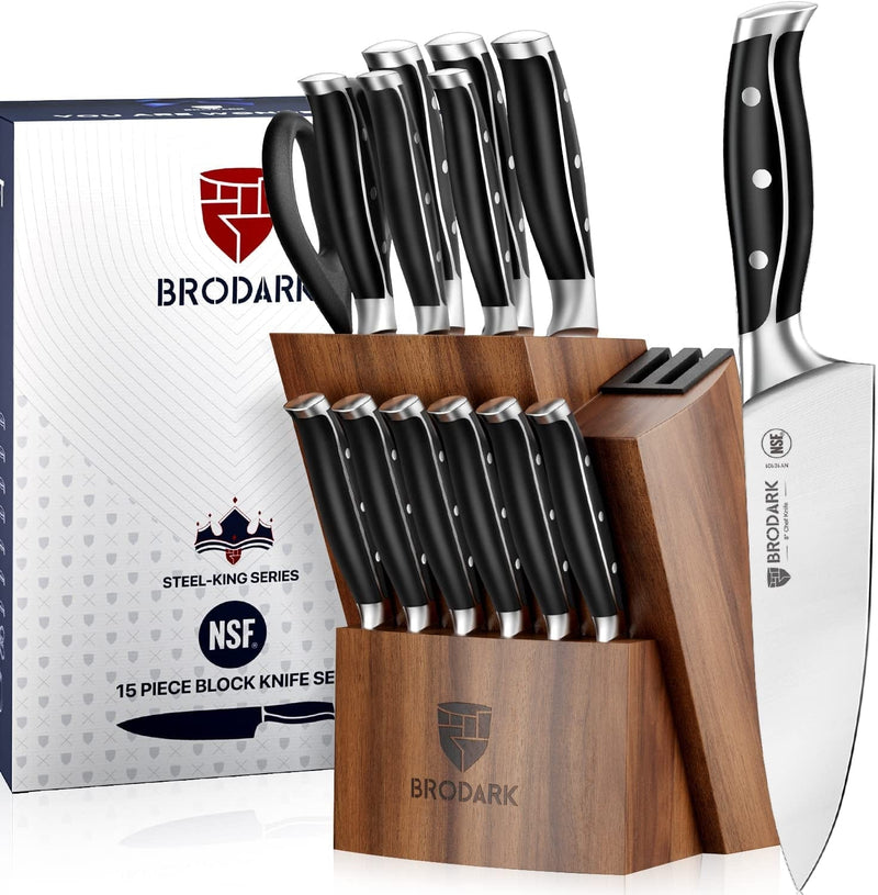 BRODARK Kitchen Knife Set with Block, Full Tang 15 Pcs Professional Chef Knife Set with 2 Stage Knife Sharpener, NSF Certified German Stainless Steel Knife Block Set, Steel-King Series with Gift Box