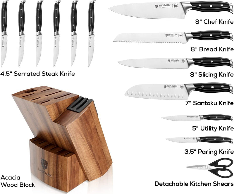 BRODARK Kitchen Knife Set with Block, Full Tang 15 Pcs Professional Chef Knife Set with 2 Stage Knife Sharpener, NSF Certified German Stainless Steel Knife Block Set, Steel-King Series with Gift Box Home & Garden > Kitchen & Dining > Kitchen Tools & Utensils > Kitchen Knives BRODARK   