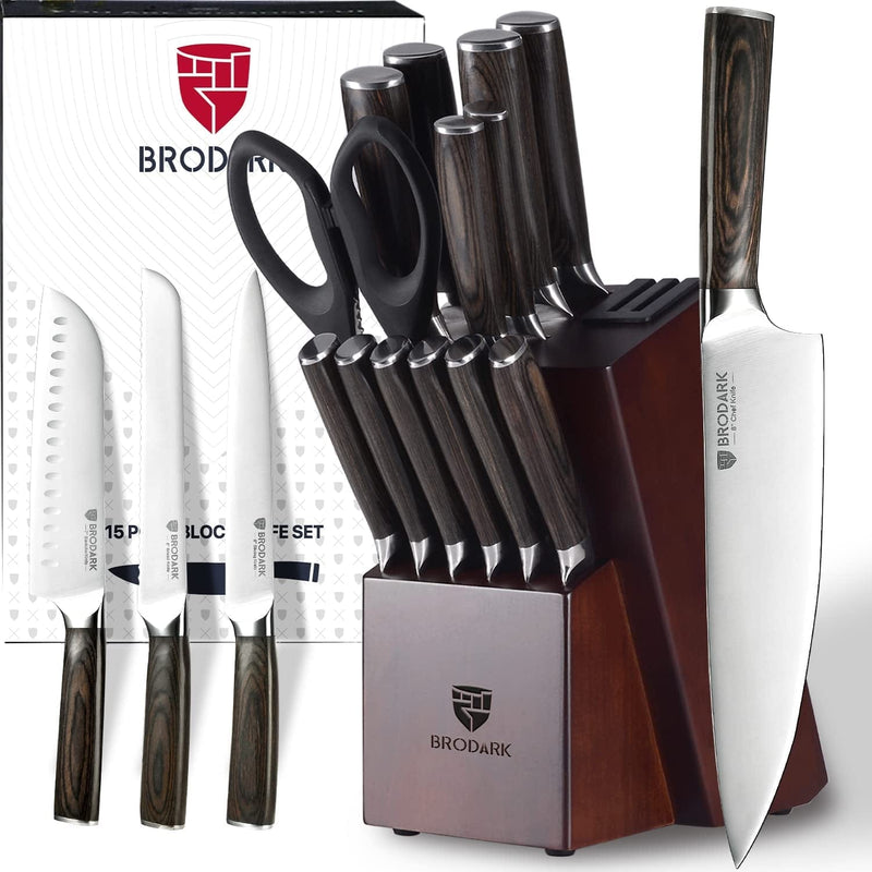 BRODARK Kitchen Knife Set with Block, Ultra Sharp 15 PCS German Stainless Steel Professional Chef Knife Set with 2 Stage Knife Sharpener, Ergonomic Handle Full Tang Forged Gift with Premium Box Home & Garden > Kitchen & Dining > Kitchen Tools & Utensils > Kitchen Knives BRODARK   