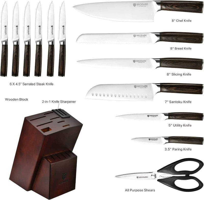 BRODARK Kitchen Knife Set with Block, Ultra Sharp 15 PCS German Stainless Steel Professional Chef Knife Set with 2 Stage Knife Sharpener, Ergonomic Handle Full Tang Forged Gift with Premium Box Home & Garden > Kitchen & Dining > Kitchen Tools & Utensils > Kitchen Knives BRODARK   