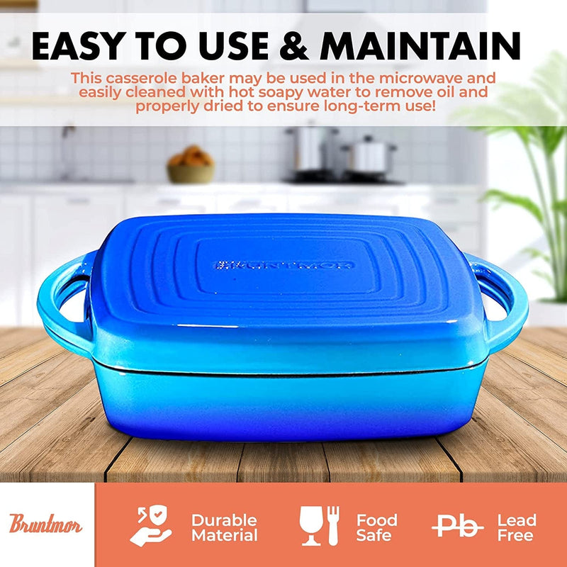 Bruntmor 2-In-1 Square Enamel Cast Iron Dutch Oven with Handles, Caribbean Blue Cast Iron Skillet, Enamel All-In-One Cookware Set, Braising Pan for Casserole Dish, Crock Pot Covered with Cast Iron