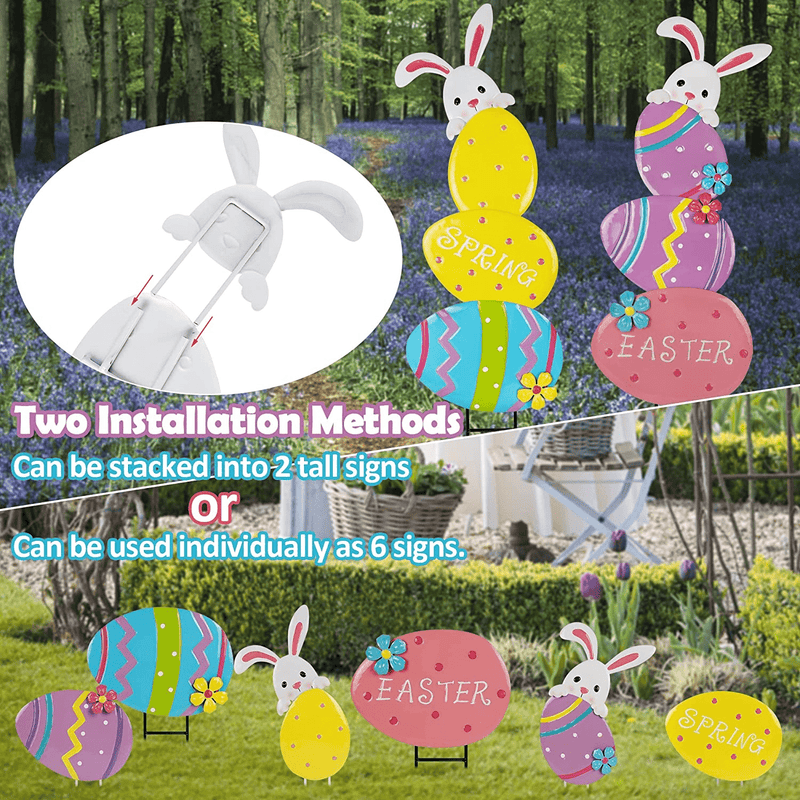 Brwoynn Easter Decorations, Set of 2 Easter Yard Signs, Metal Stakes Easter Day Outdoor Decorations, Easter Bunny Egg Decor for Easter outside Lawn Decorations