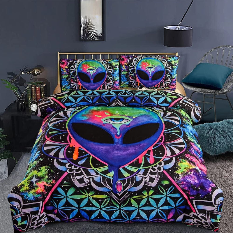 Btargot Trippy Alien by Brizbazaar Comforter Set 3 Pieces Colorful Tie Dye Bedding Sets with 3D Psychedelic Outer Space Pattern Alien Abstract Reversible Comforter with 2 Pillowcases Full Size Home & Garden > Linens & Bedding > Bedding Btargot Blue Twin 