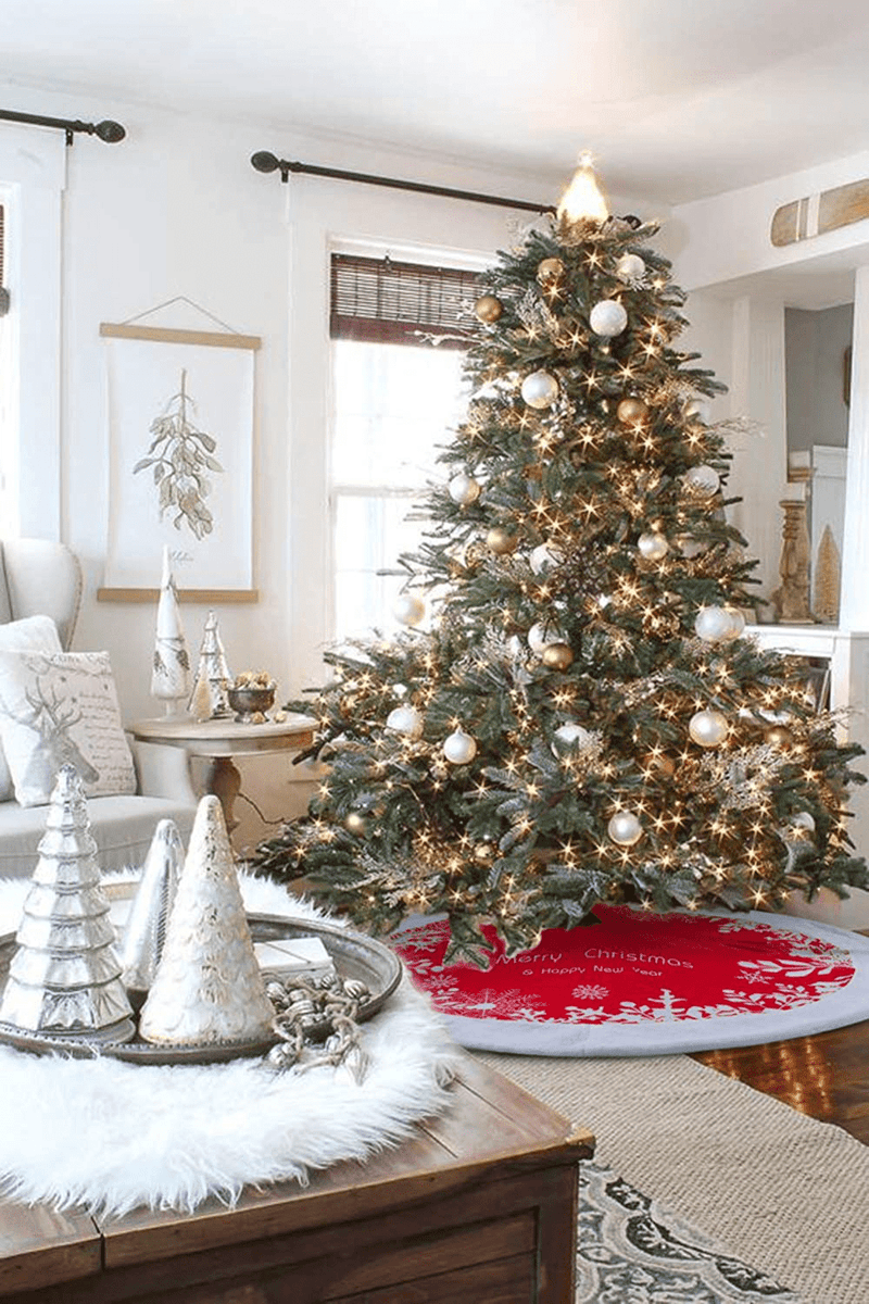 BTSD-home 48 Inches Red and White Faux Fur Christmas Tree Skirt Christmas Tree Ornaments Tree Skirt with Snowflake Pattern for Christmas Decorations Xmas Party Home Hoilday Decorations Home & Garden > Decor > Seasonal & Holiday Decorations > Christmas Tree Skirts BTSD-home   