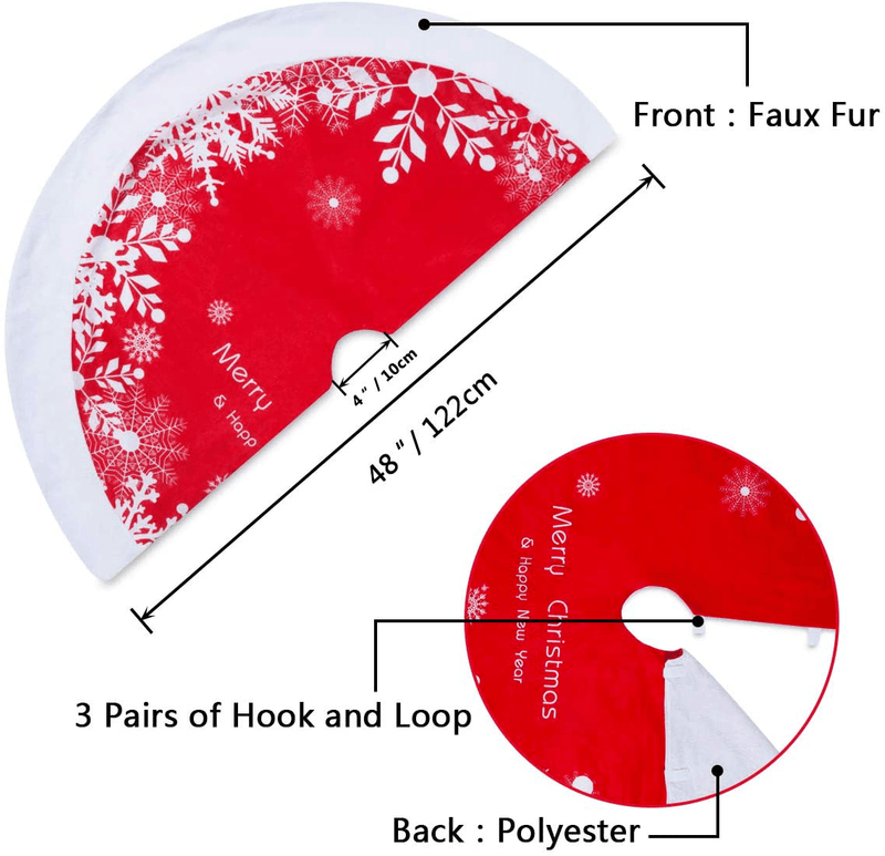 BTSD-home 48 Inches Red and White Faux Fur Christmas Tree Skirt Christmas Tree Ornaments Tree Skirt with Snowflake Pattern for Christmas Decorations Xmas Party Home Hoilday Decorations