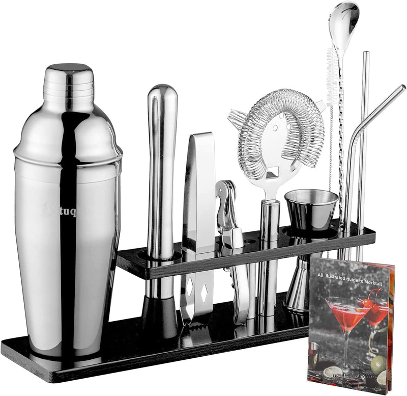 Btuqbu Bartender Kit with Stand, 11 Piece Set, Cocktail Shaker Set 24 Oz Shaker Bar Tool Set for Beginner with Recipe Home & Garden > Kitchen & Dining > Barware Btuqbu Silver  