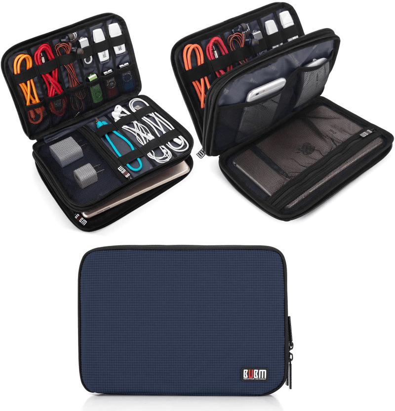 BUBM Double Layer Electronic Accessories Organizer, Travel Gadget Bag for Cables, USB Flash Drive, Plug and More, Perfect Size Fits for iPad Mini (Medium, Blue)