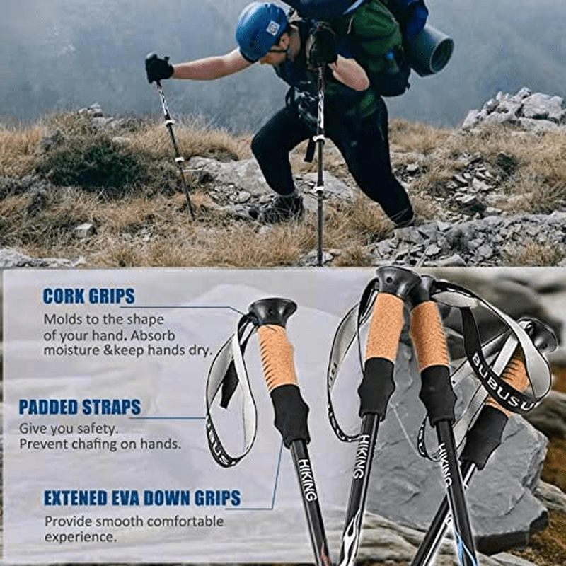 BUBUSUN Hiking Trekking Poles - 2Pc Pack Collapsible Strong Aluminum Walking Sticks, Quick Adjust Flip Locks, Cork Grip EVA Handle Lightweight Hiking Poles for Man, Woman, Kids,Trekking