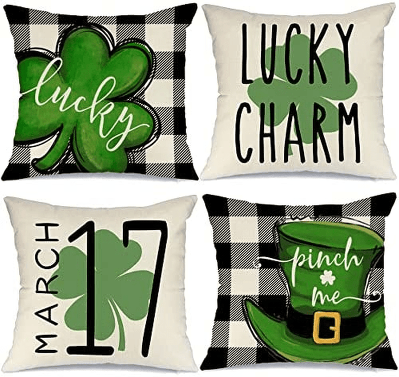 Buffalo Plaid St Patricks Day Pillow Covers 18X18 Set of 4 St Patricks Day Decorations for Home Shamrock Lucky Charm St Patricks Decorative Throw Pillows Farmhouse St Patricks Day Decor A470-18