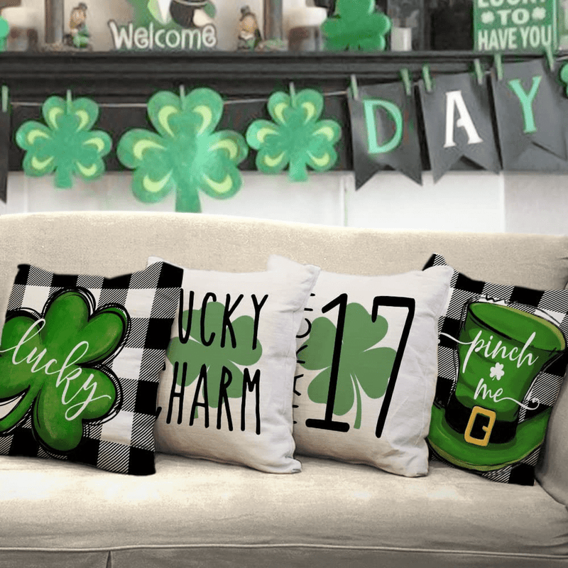 Buffalo Plaid St Patricks Day Pillow Covers 18X18 Set of 4 St Patricks Day Decorations for Home Shamrock Lucky Charm St Patricks Decorative Throw Pillows Farmhouse St Patricks Day Decor A470-18 Arts & Entertainment > Party & Celebration > Party Supplies AENEY   