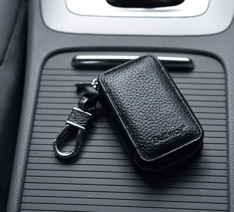 Buffway Car Key case,Genuine Leather Car Smart Key Chain Keychain Holder Metal Hook and Keyring Zipper Bag for Remote Key Fob - Black  Buffway   