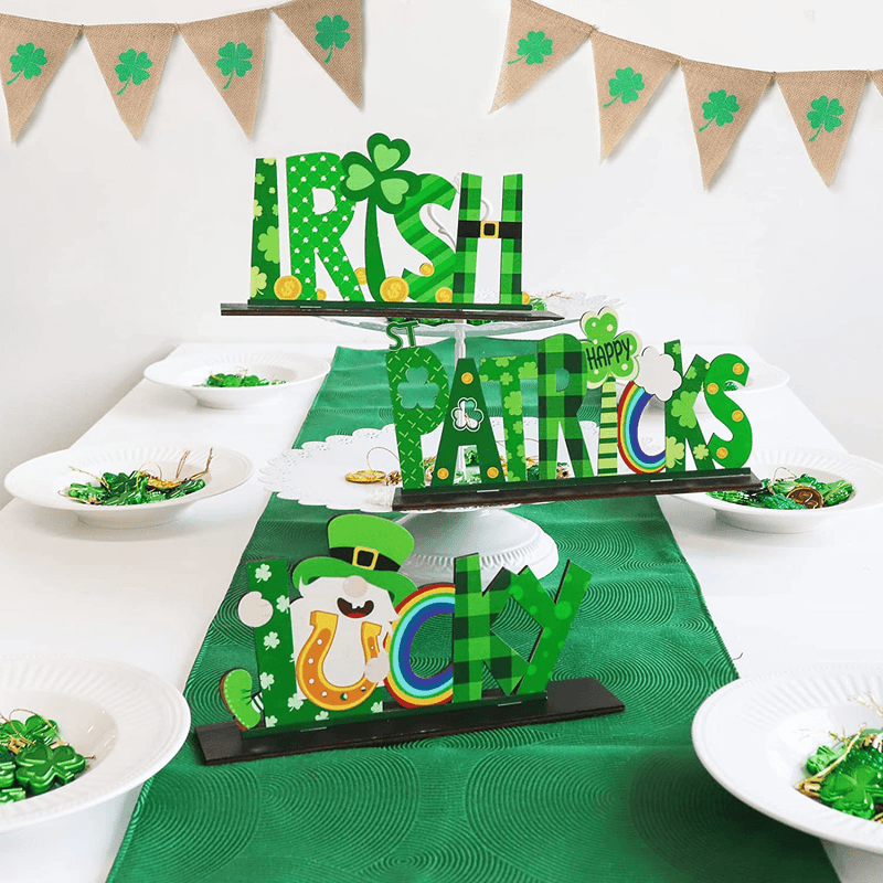 Bunny Chorus 3 Pcs St. Patrick'S Day Decorations Lucky Wooden Table Sign, Irish Themed Gnome Tabletop Centerpiece Signs Shamrock Gold Coins Ornaments for Gift, Desk, Home, Party Supplies Décor