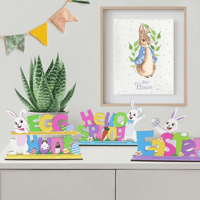 Bunny Chorus 4 Pcs Happy Easter Decorations Wooden Table Sign Spring Tabletop Centerpiece Signs Egg Hunt Ornaments Easter Holiday Party Décor for Gift Dining Room Table Indoor Outdoor Garden Yard Lawn Home & Garden > Decor > Seasonal & Holiday Decorations Bunny Chorus   