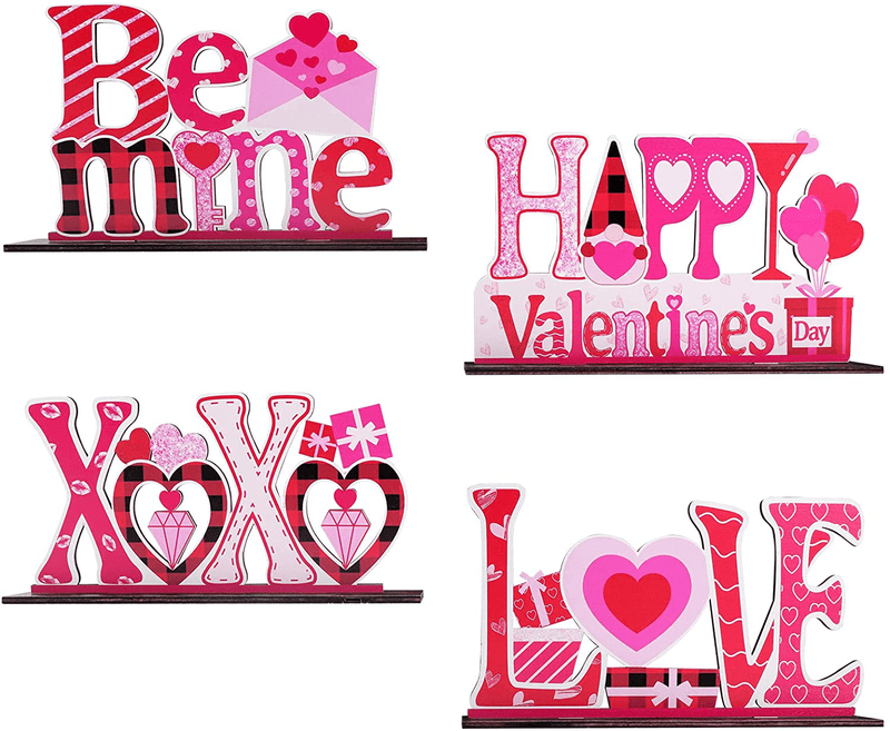 Bunny Chorus 4 Pcs Valentine'S Day Decorations Love Wooden Table Sign, Romantic Tabletop Centerpiece Signs Ornaments for Gift Dining Room Table Wedding Anniversary Party Supplies Décor Tray Decor Home & Garden > Decor > Seasonal & Holiday Decorations Bunny Chorus Valentine's Day  