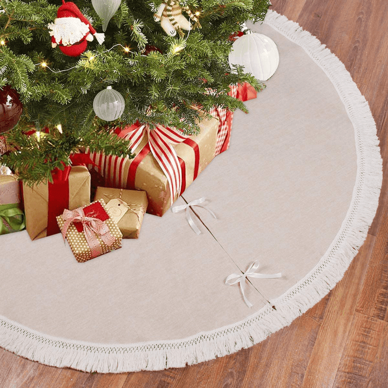 Burlap Christmas Tree Skirt, 48 Inch Rustic Tree Skirts with Fringe Trim for Xmas New Year Holiday Decorations Indoor Outdoor by QIFU