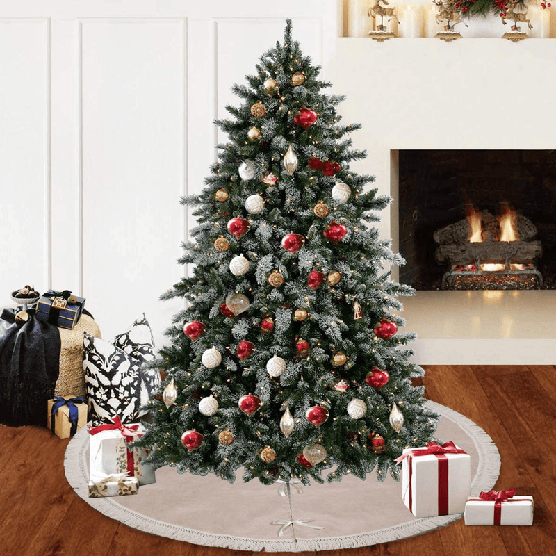 Burlap Christmas Tree Skirt, 48 Inch Rustic Tree Skirts with Fringe Trim for Xmas New Year Holiday Decorations Indoor Outdoor by QIFU Home & Garden > Decor > Seasonal & Holiday Decorations > Christmas Tree Skirts QIFU   