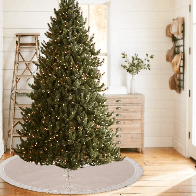 Burlap Christmas Tree Skirt, 48 Inch Rustic Tree Skirts with Fringe Trim for Xmas New Year Holiday Decorations Indoor Outdoor by QIFU Home & Garden > Decor > Seasonal & Holiday Decorations > Christmas Tree Skirts QIFU   