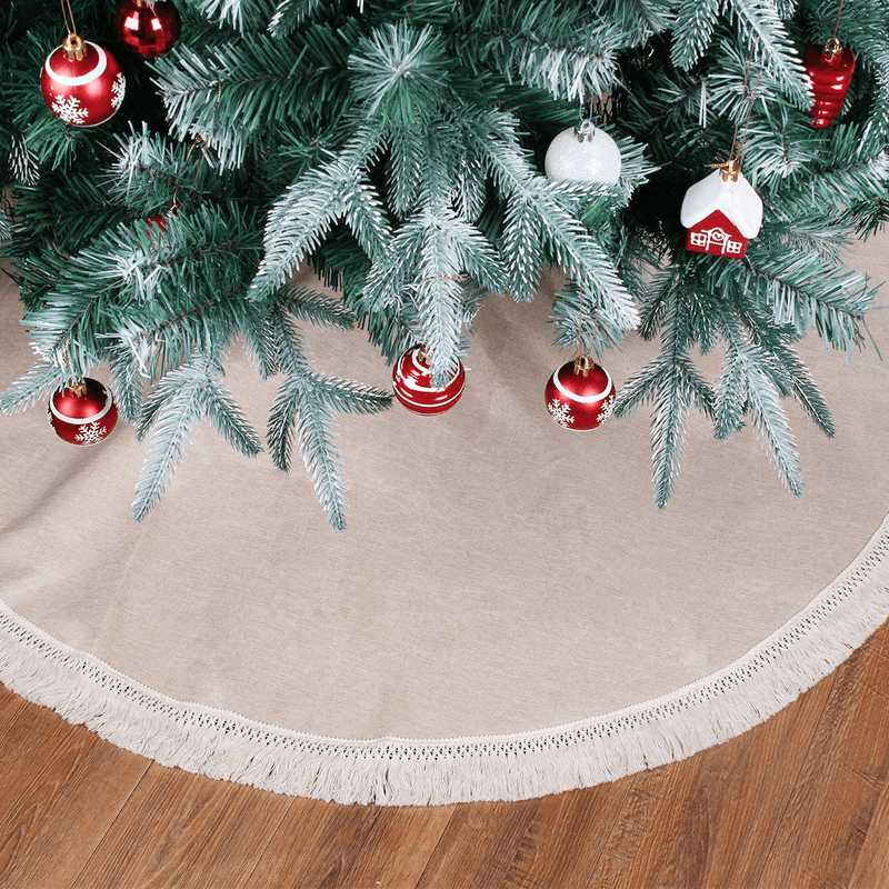 Burlap Christmas Tree Skirt, 48 Inch Rustic Tree Skirts with Fringe Trim for Xmas New Year Holiday Decorations Indoor Outdoor by QIFU