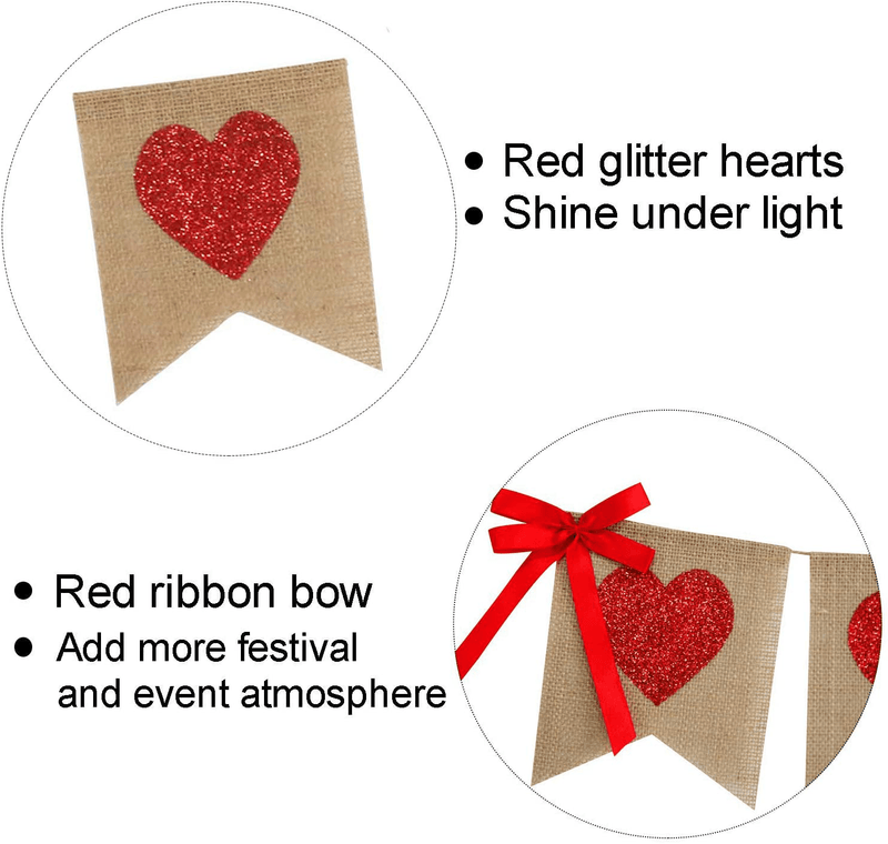 Burlap Heart Banner Garland | Red Glitter Heart | Valentine'S Day Decorations| Rustic Valentines Decor | Valentines Burlap Banner | Wedding Anniversary Birthday Party Decorations Supplies