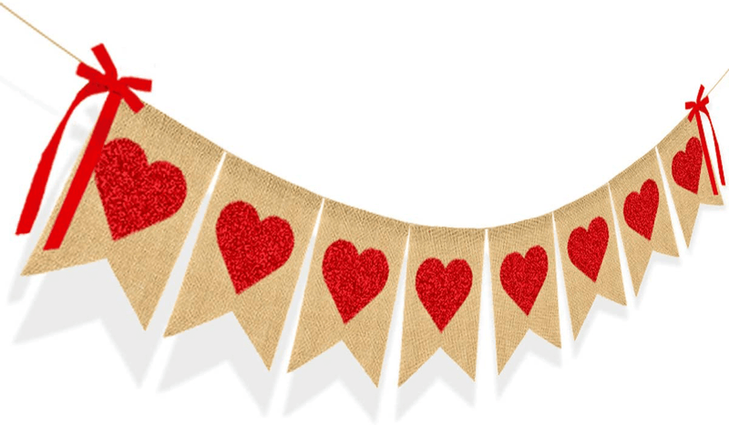 Burlap Heart Banner Garland Valentines Day Decoration Red Glittery Heart Banner with Bow Valentines Banner for Wedding Anniversary Baby Shower Bridal Shower Birthday Party Decorations Supplies Arts & Entertainment > Party & Celebration > Party Supplies XIANMU   
