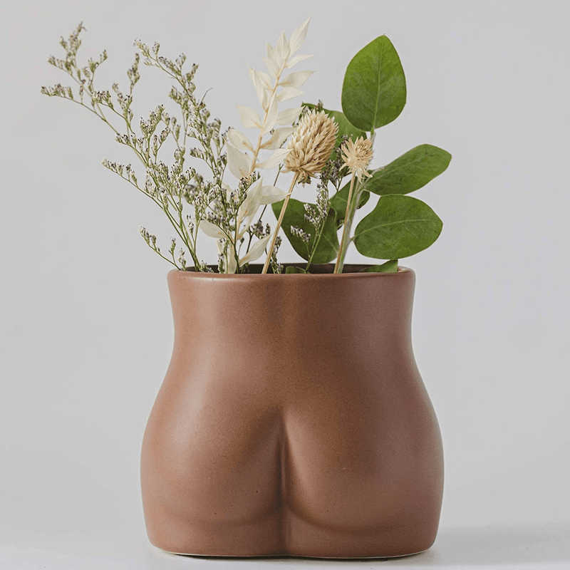 Butt Planter, Body Vase Female Form, Booty Flower Vases w/ Drainage Plug [Speckled Matte Brown Ceramic] Cheeky Sculpture Unique Modern Boho Home Decor Plant Pot, Feminist Cute Minimalist Small Accent