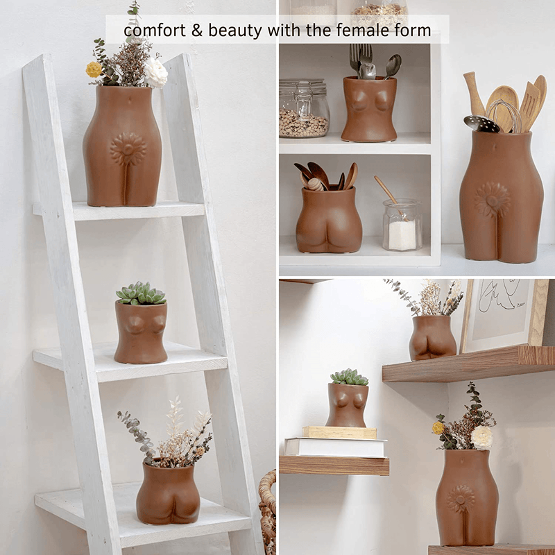 Butt Planter, Body Vase Female Form, Booty Flower Vases w/ Drainage Plug [Speckled Matte Brown Ceramic] Cheeky Sculpture Unique Modern Boho Home Decor Plant Pot, Feminist Cute Minimalist Small Accent Home & Garden > Decor > Seasonal & Holiday Decorations BASE ROOTS   