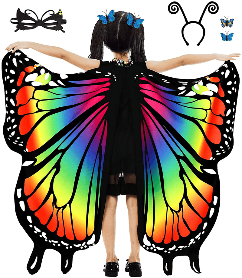 Butterfly Wings for Girls, Blue Rainbow Halloween Costumes with Mask, Antenna Headband, Butterfly Head Clips