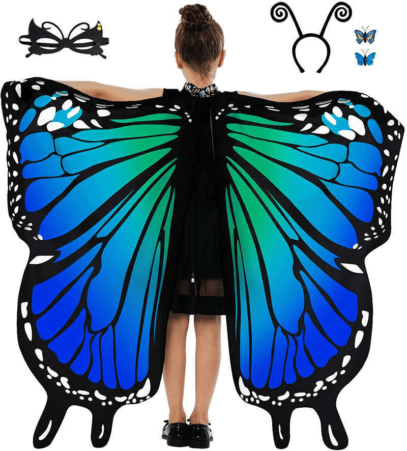 Butterfly Wings for Girls, Blue Rainbow Halloween Costumes with Mask, Antenna Headband, Butterfly Head Clips Apparel & Accessories > Costumes & Accessories > Costumes Tibeha Blue  
