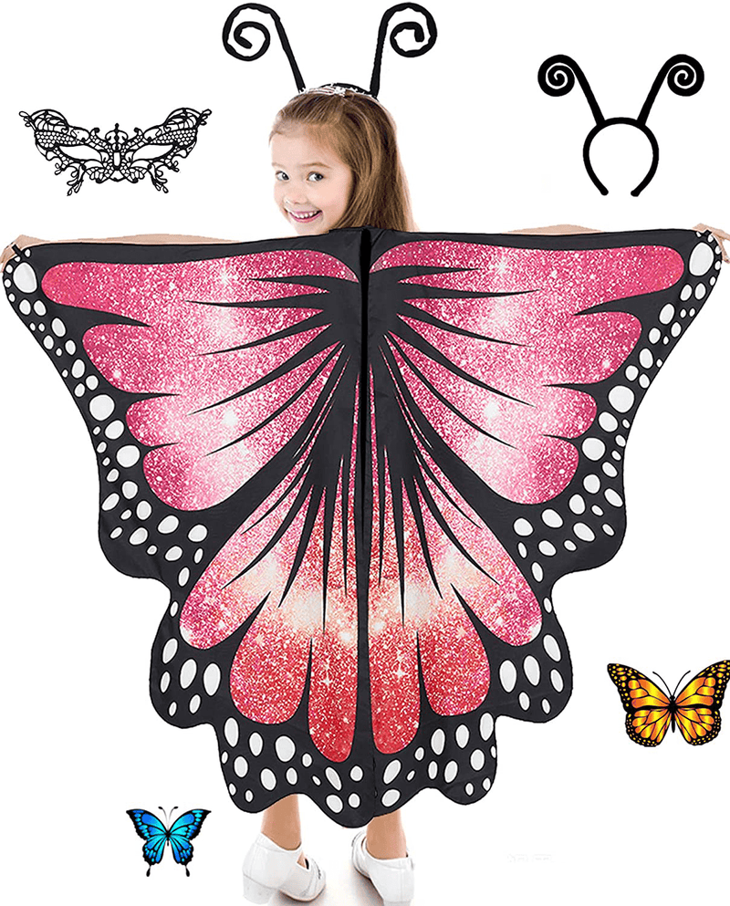 Butterfly Wings For Girls Butterfly Halloween Costume For Girls Butterfly Fairy Wings Shawl with Mask and Antenna Headband Apparel & Accessories > Costumes & Accessories > Costumes HozHoy Starry Red  