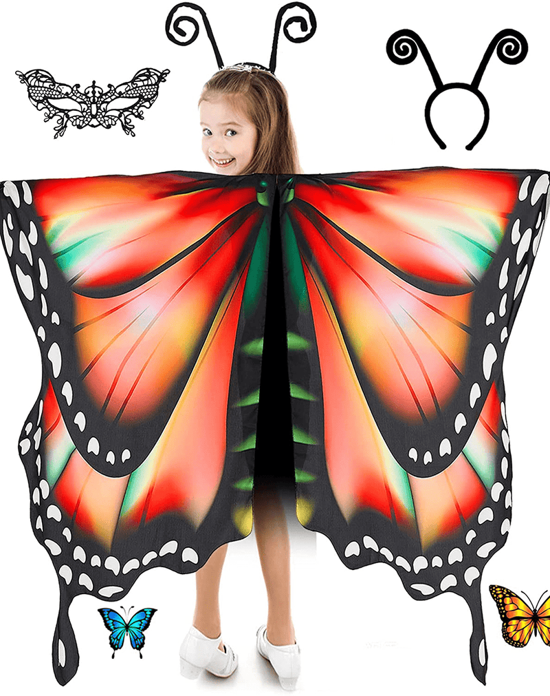 Butterfly Wings For Girls Butterfly Halloween Costume For Girls Butterfly Fairy Wings Shawl with Mask and Antenna Headband Apparel & Accessories > Costumes & Accessories > Costumes HozHoy Butterfly Orange  
