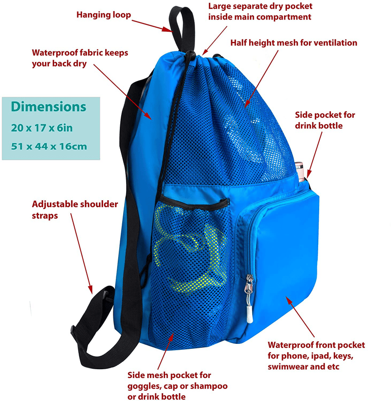 ButterFox Large Swimming Equipment Mesh Bag Drawstring Swim Gym Backpack with Separated Waterproof Dry Compartments, Dry and Wet Separated