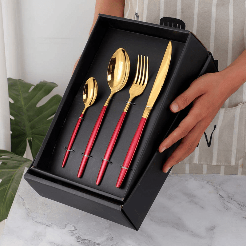 Buyer Star Flatware Set, 20-Piece Stainless Steel Silverware Cutlery Set Service for 5, Red Handle Gold Dishes Dinnerware Set with Gift Box, Mirror Finish Home & Garden > Kitchen & Dining > Tableware > Flatware > Flatware Sets Buyer Star   